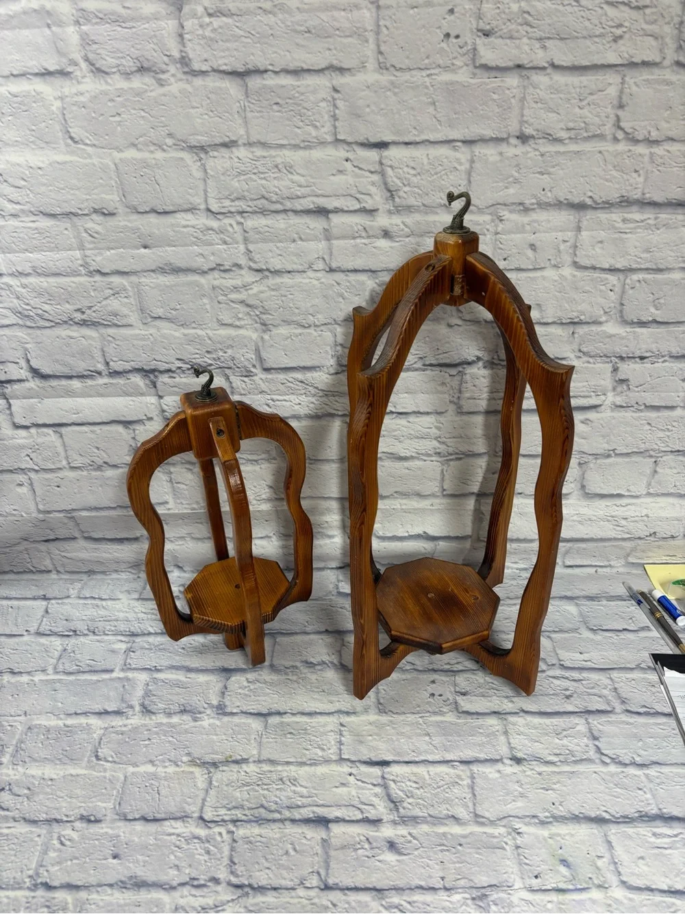 Mid Century Rustic Wooden Patio Candle Plant Lantern Hanging Holders Lot Of 2